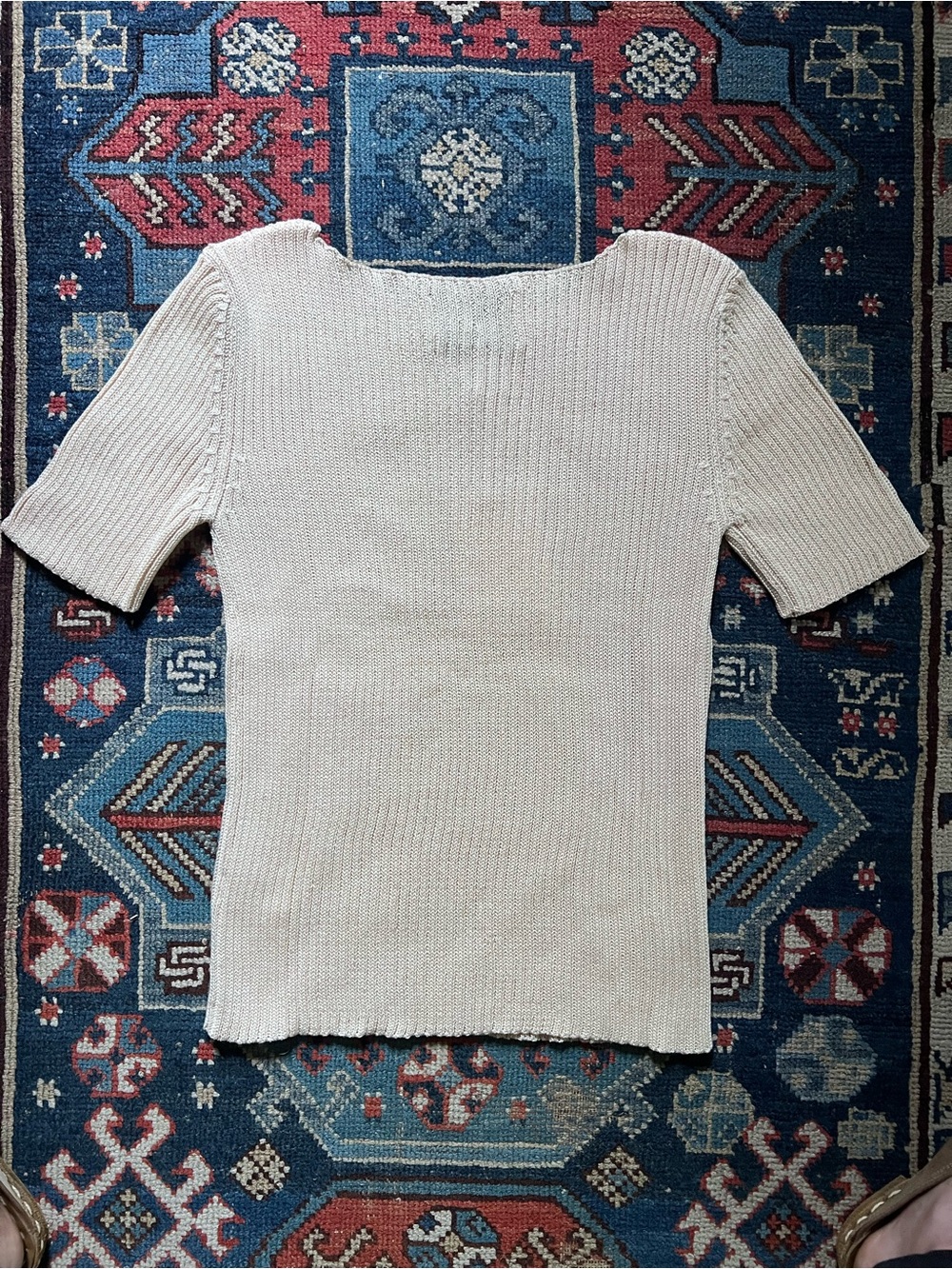 Ribbed Short-Sleeve Knit Tee in Light Beige - Picture 4 of 6